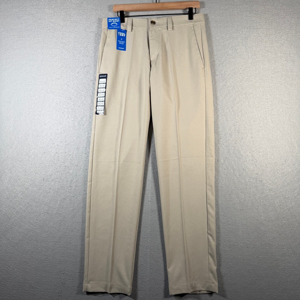 Haggar Mens Cool Right Performance Flex Straight‎ Fit Pants Khaki Sz 30x32 New